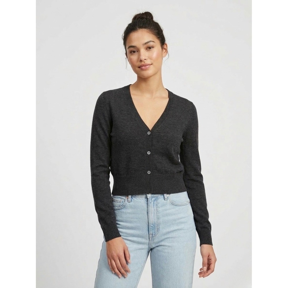 Everlane Alpaca Merino Wool Cropped Cardigan Charcoal Grey V-Neck Sweater Small